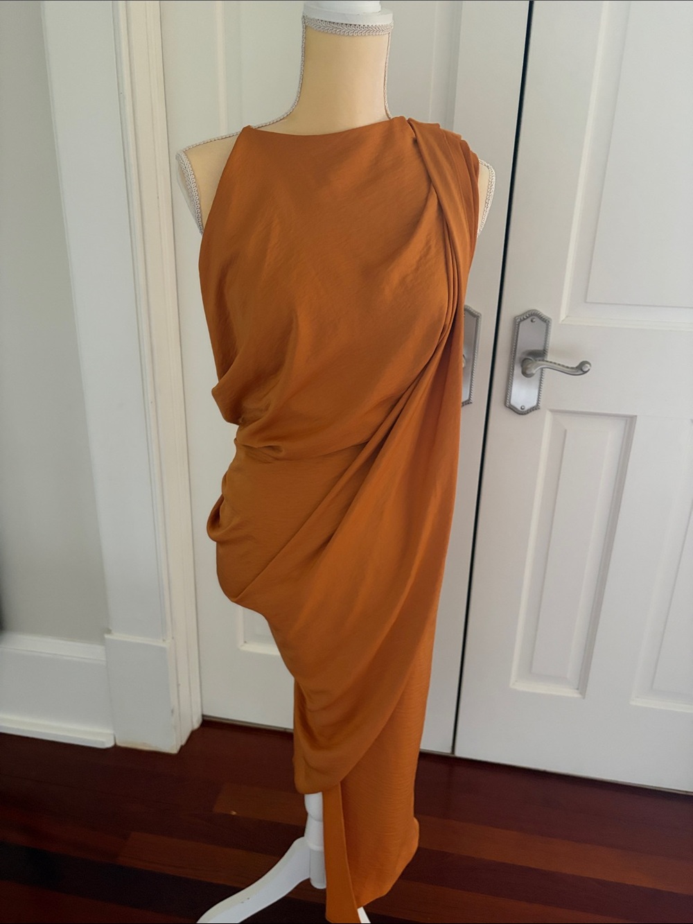 ASOS One-Shoulder Draped Dress in Rust Orange